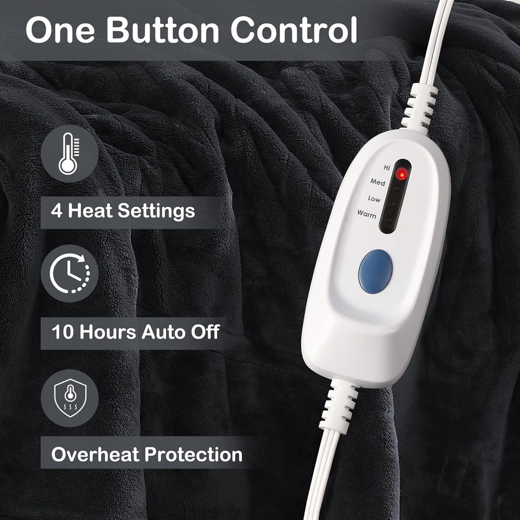 Electric Heated Blanket Full Size 72"x84", Cozy Large Oversized, 4 Heating Levels &amp; 10 Hours Auto Off, Cozy for Bed, Sofa, &amp; Office, Machine Washable, Black