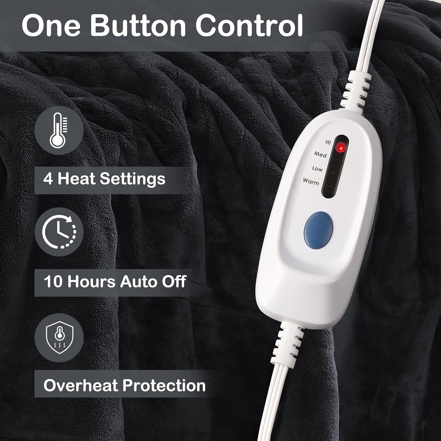 Electric Heated Blanket Full Size 72"x84", Cozy Large Oversized, 4 Heating Levels &amp; 10 Hours Auto Off, Cozy for Bed, Sofa, &amp; Office, Machine Washable, Black