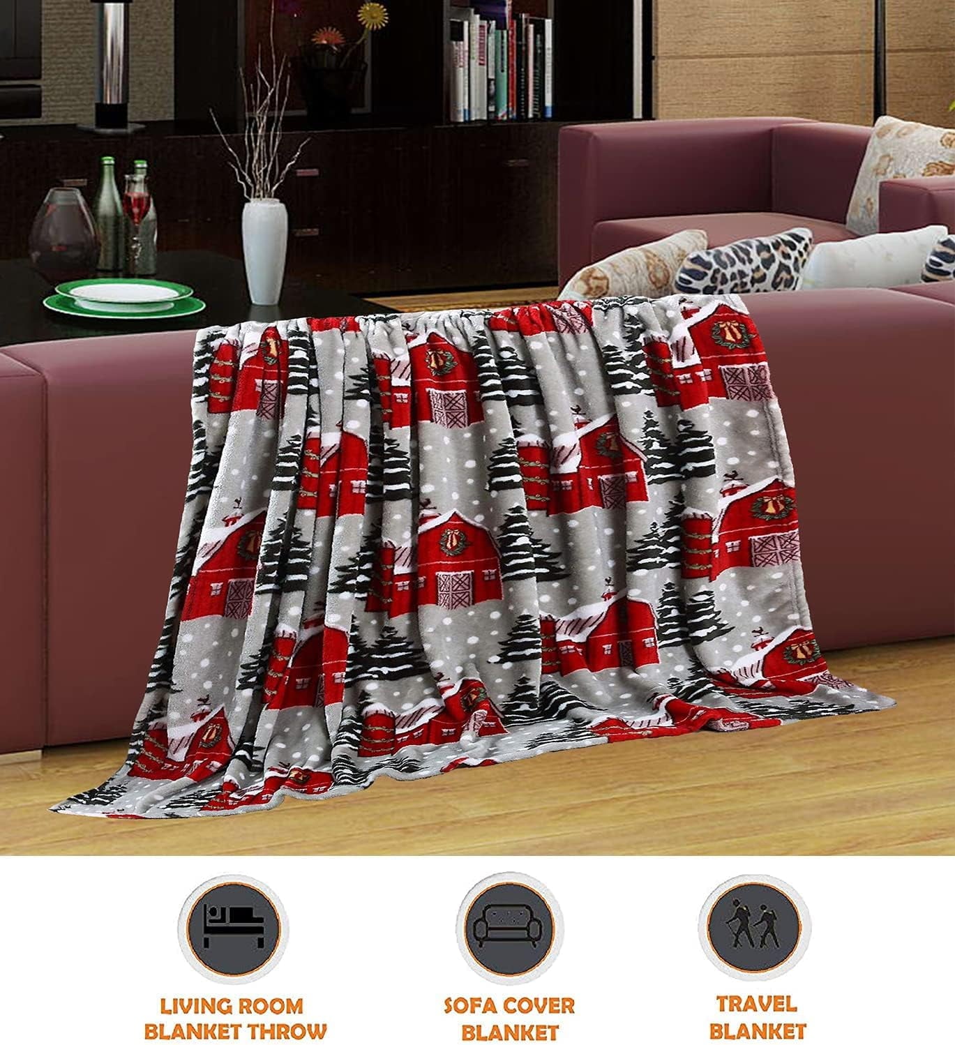 Elegant Comfort Luxury Soft Christmas Prints Blanket Holiday Theme Home Décor Fuzzy Warm and Cozy Throws for Winter Bedding, Christmas Gift for Family