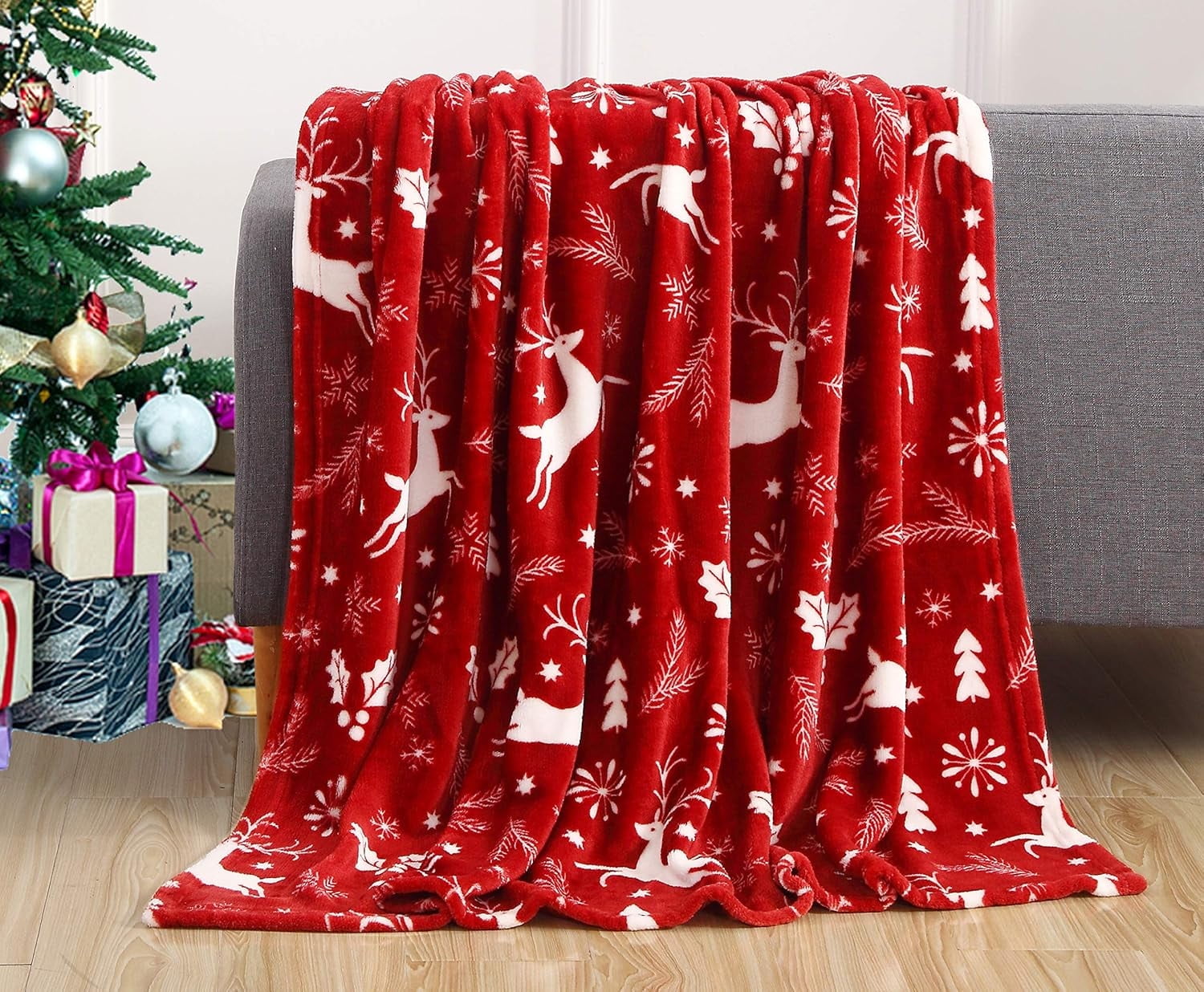 Elegant Comfort Luxury Soft Christmas Prints Blanket Holiday Theme Home Décor Fuzzy Warm and Cozy Throws for Winter Bedding, Christmas Gift for Family