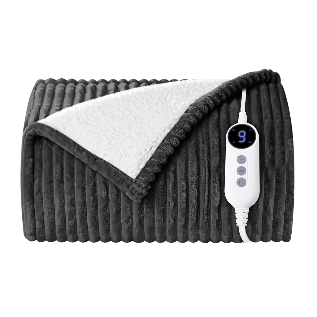 Heated Blanket Electric Throw 50"x60", 9 Heat Levels &amp; 2 to 10 Hours Auto Shut-Off, Over-Heat Protection, Fast Heating Soft Ribbed Flannel to Sherpa, Machine Washable Cozy Warm, Dark Gray