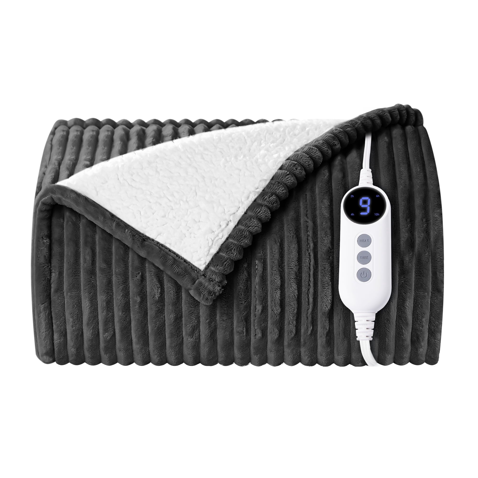Heated Blanket Electric Throw 50"x60", 9 Heat Levels &amp; 2 to 10 Hours Auto Shut-Off, Over-Heat Protection, Fast Heating Soft Ribbed Flannel to Sherpa, Machine Washable Cozy Warm, Dark Gray