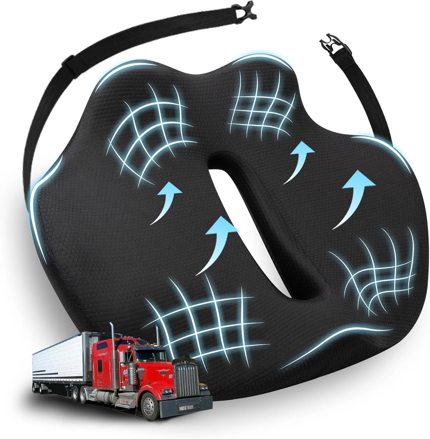 X-Large Seat Cushion for Truck Driver, Upgraded Cushion for Back Support and Pain Relief, Memory Foam with Non-Slip Washable Cover, Relieves Long-Term Truck Sitting and Pain Black