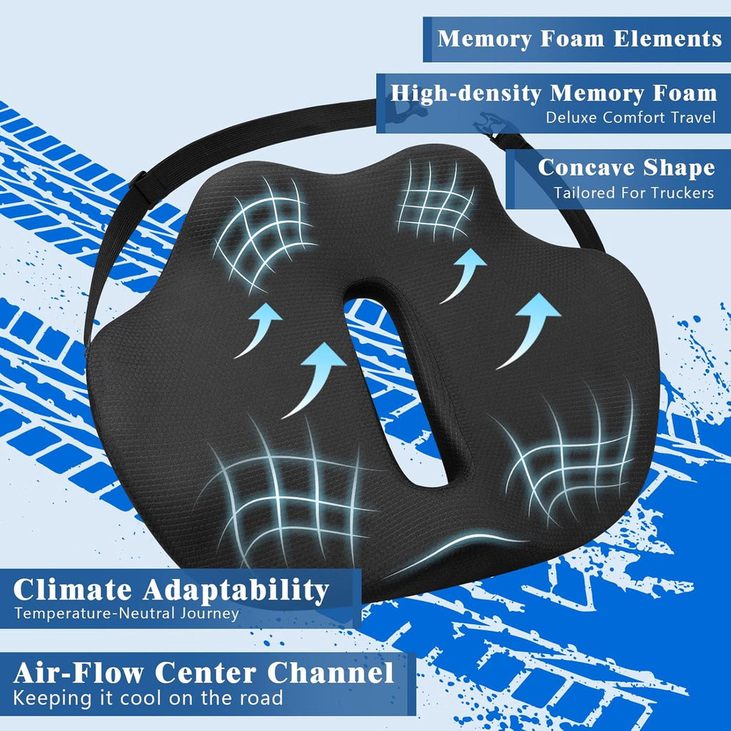 X-Large Seat Cushion for Truck Driver, Upgraded Cushion for Back Support and Pain Relief, Memory Foam with Non-Slip Washable Cover, Relieves Long-Term Truck Sitting and Pain Black