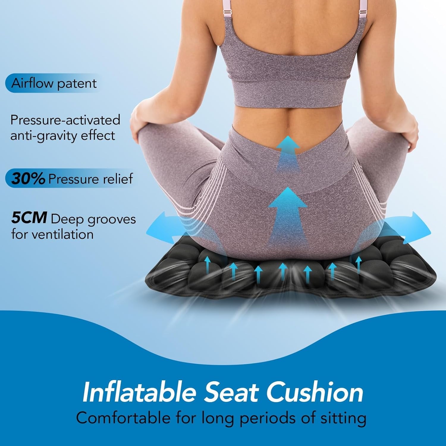 Air Inflatable Travel Seat Cushion, Portable Breathable Comfort Cushion, 56 Air Bubble Design for Airplane, Car, Office Chairs &amp; Home Living – Lightweight &amp; Ergonomic Support,18” x 16” (Black)
