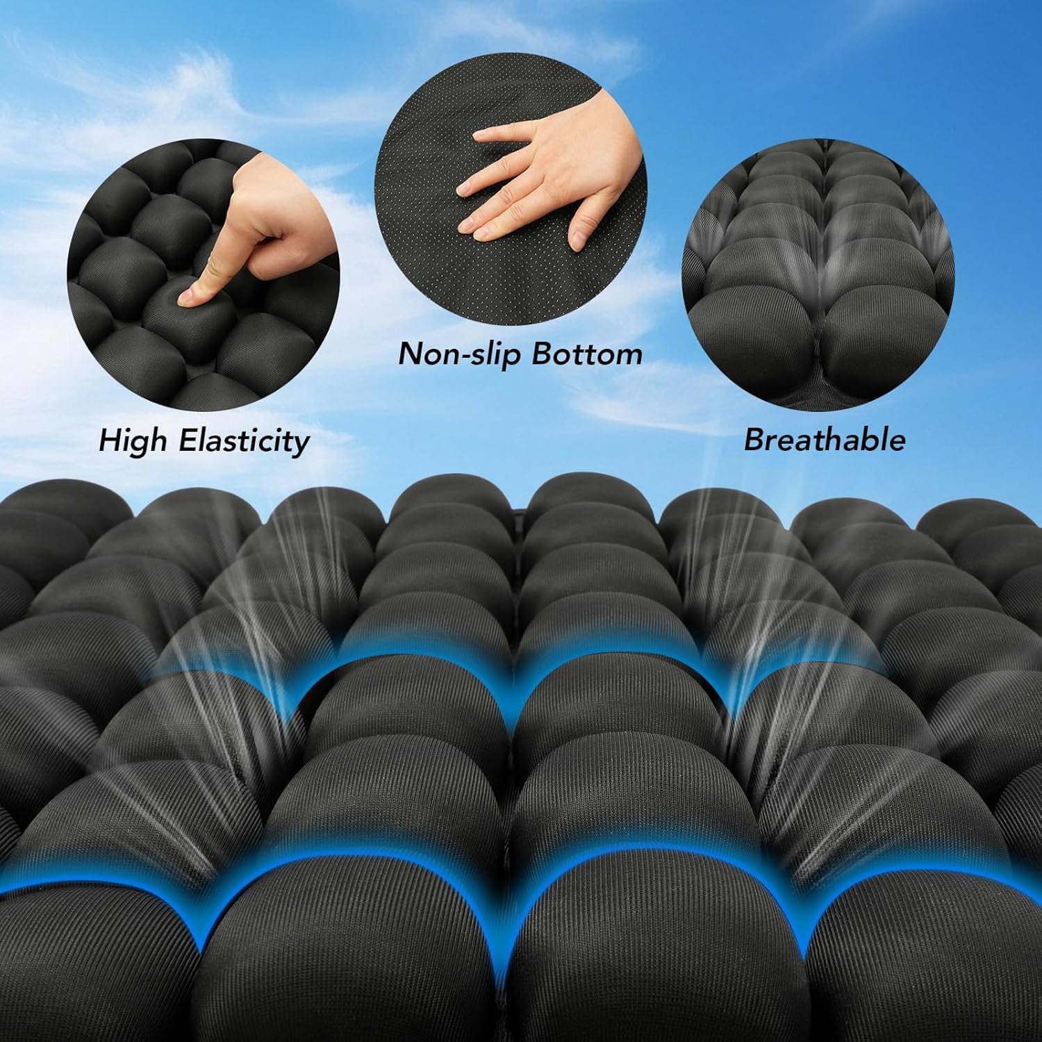 Air Inflatable Travel Seat Cushion, Portable Breathable Comfort Cushion, 56 Air Bubble Design for Airplane, Car, Office Chairs &amp; Home Living – Lightweight &amp; Ergonomic Support,18” x 16” (Black)