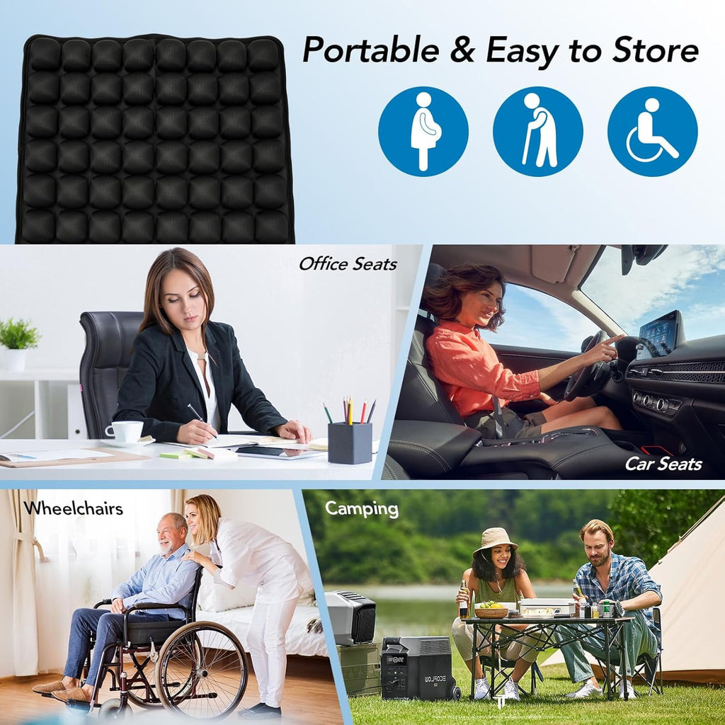 Air Inflatable Travel Seat Cushion, Portable Breathable Comfort Cushion, 56 Air Bubble Design for Airplane, Car, Office Chairs &amp; Home Living – Lightweight &amp; Ergonomic Support,18” x 16” (Black)