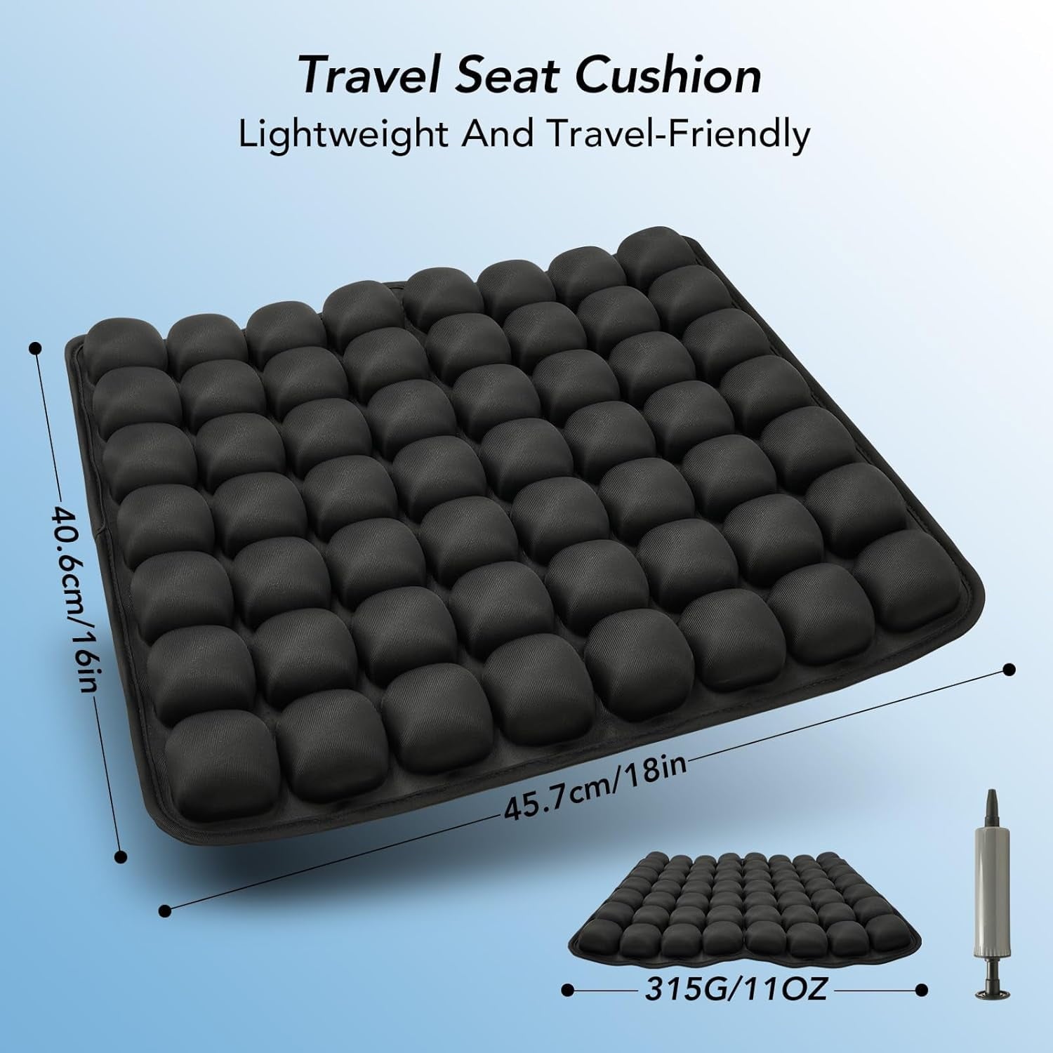 Air Inflatable Travel Seat Cushion, Portable Breathable Comfort Cushion, 56 Air Bubble Design for Airplane, Car, Office Chairs &amp; Home Living – Lightweight &amp; Ergonomic Support,18” x 16” (Black)
