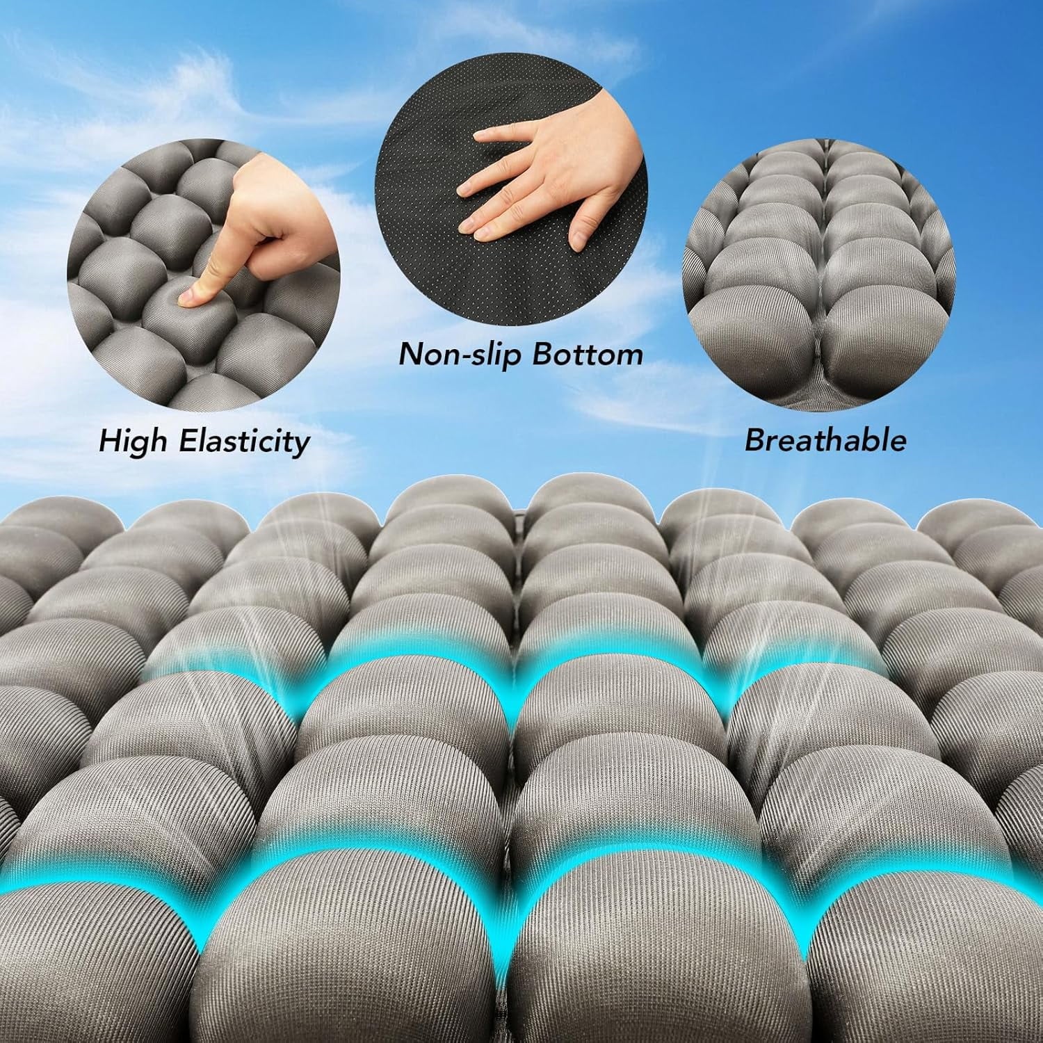 Air Inflatable Travel Seat Cushion, Portable Breathable Comfort Cushion, 56 Air Bubble Design for Airplane, Car, Office Chairs &amp; Home Living – Lightweight &amp; Ergonomic Support,18” x 16” (Black)