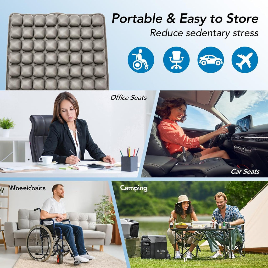 Air Inflatable Travel Seat Cushion, Portable Breathable Comfort Cushion, 56 Air Bubble Design for Airplane, Car, Office Chairs &amp; Home Living – Lightweight &amp; Ergonomic Support,18” x 16” (Black)