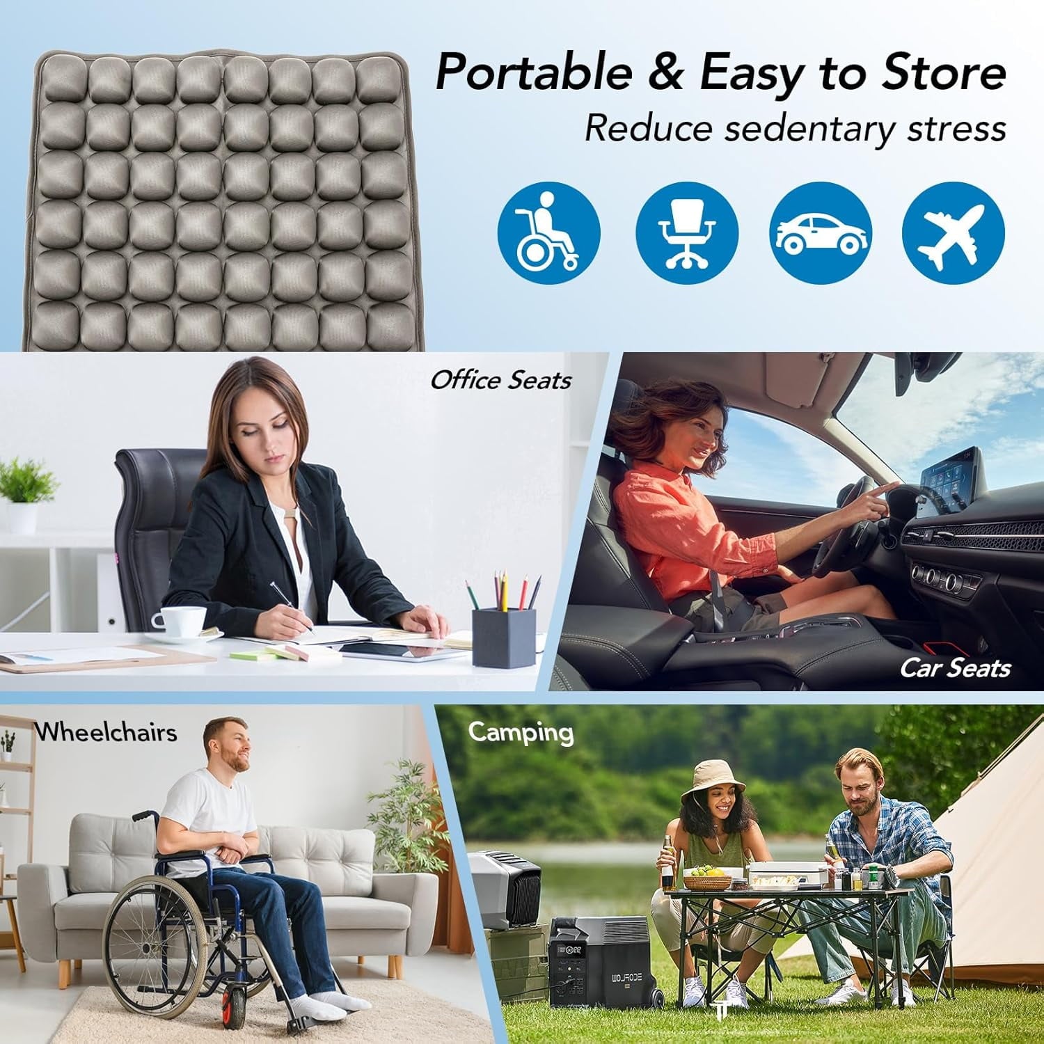 Air Inflatable Travel Seat Cushion, Portable Breathable Comfort Cushion, 56 Air Bubble Design for Airplane, Car, Office Chairs &amp; Home Living – Lightweight &amp; Ergonomic Support,18” x 16” (Black)