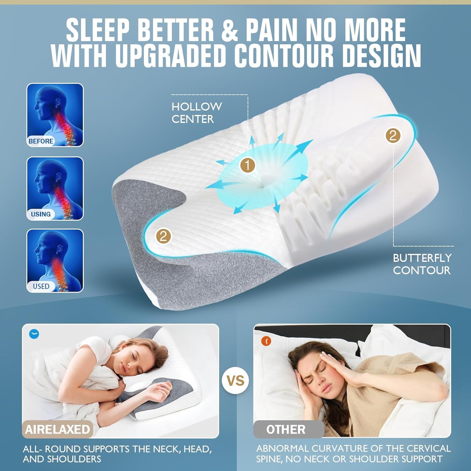Cervical Pillow for Neck Pain Relief Sleeping, 100% Memory Foam Contour Pillows