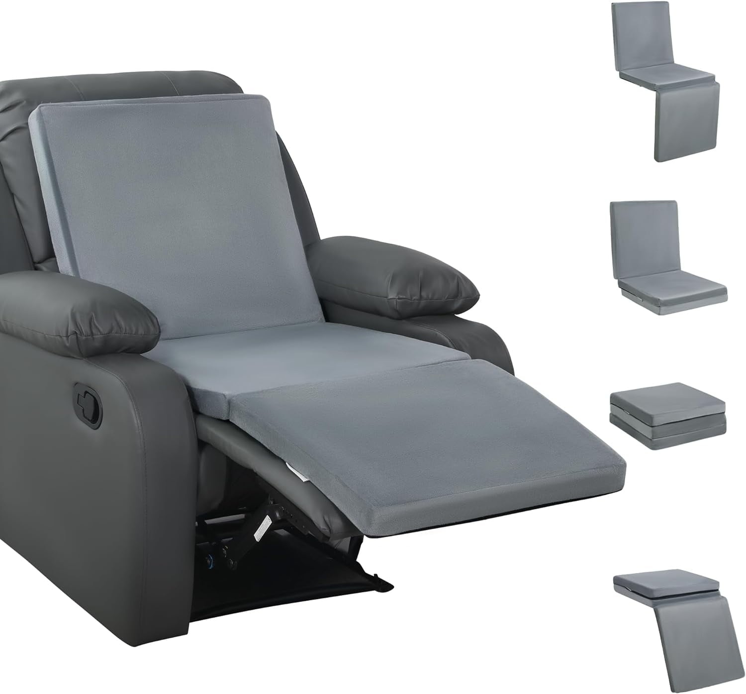 3-in-1 Recliner Seat Cushion with Lumbar Support Pillow &amp; Footrest, Multi-Functional Adjustable Height 2" to 6" for You to Choose, Non-Slip Foam Chair Cushion for Elderly, Light Grey