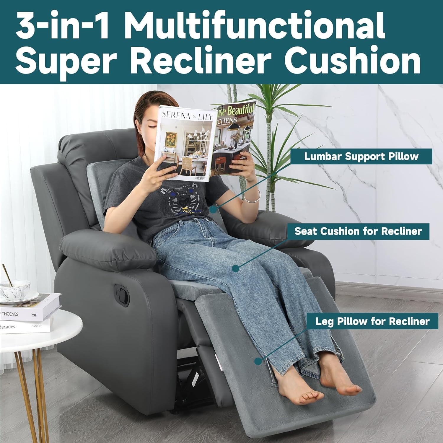 3-in-1 Recliner Seat Cushion with Lumbar Support Pillow &amp; Footrest, Multi-Functional Adjustable Height 2" to 6" for You to Choose, Non-Slip Foam Chair Cushion for Elderly, Light Grey