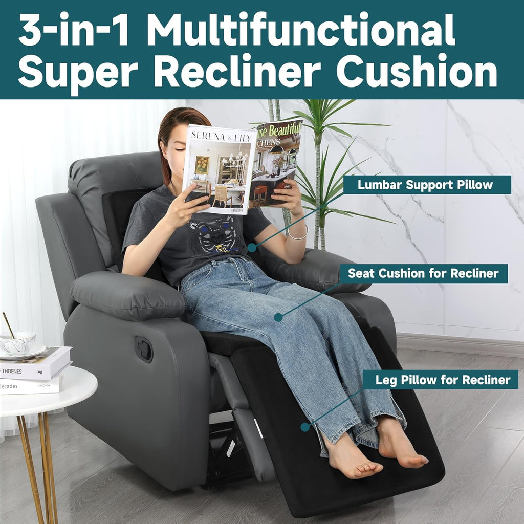 3-in-1 Recliner Seat Cushion with Lumbar Support Pillow &amp; Footrest, Multi-Functional Adjustable Height 2" to 6" for You to Choose, Non-Slip Foam Chair Cushion for Elderly, Light Grey