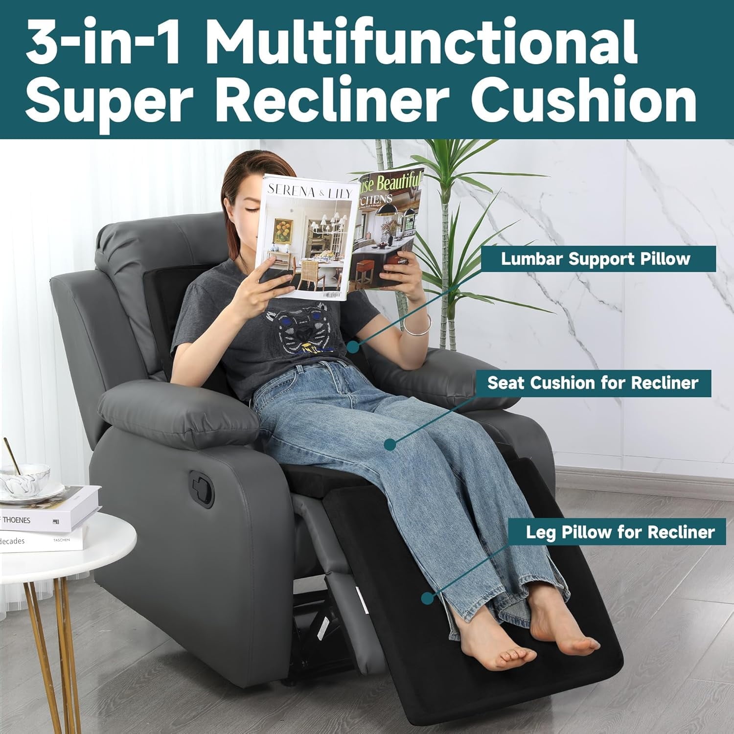 3-in-1 Recliner Seat Cushion with Lumbar Support Pillow &amp; Footrest, Multi-Functional Adjustable Height 2" to 6" for You to Choose, Non-Slip Foam Chair Cushion for Elderly, Light Grey
