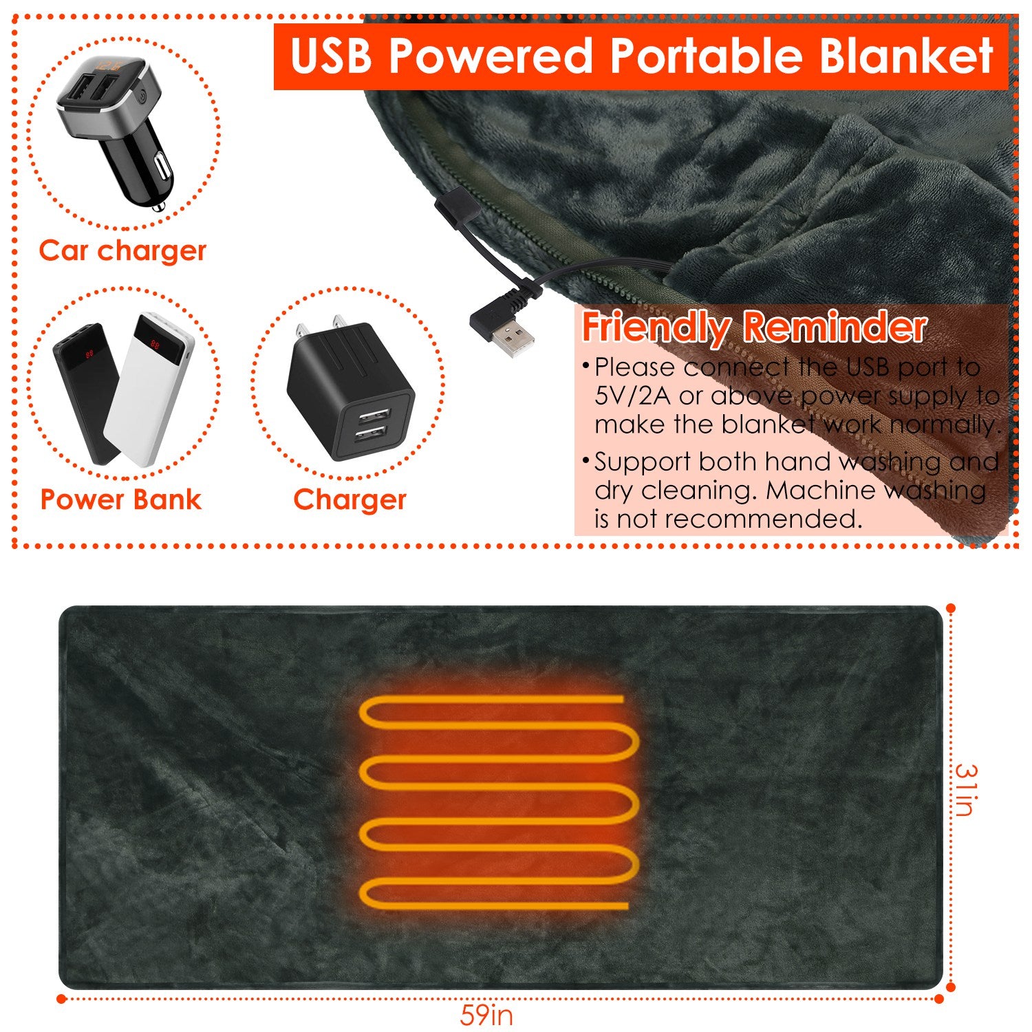 59"x31" Cordless Heated Blanket Battery Operated Portable Electric Heated Shawl 3 Temp Wearable Heating Blanket for Indoor Outdoor