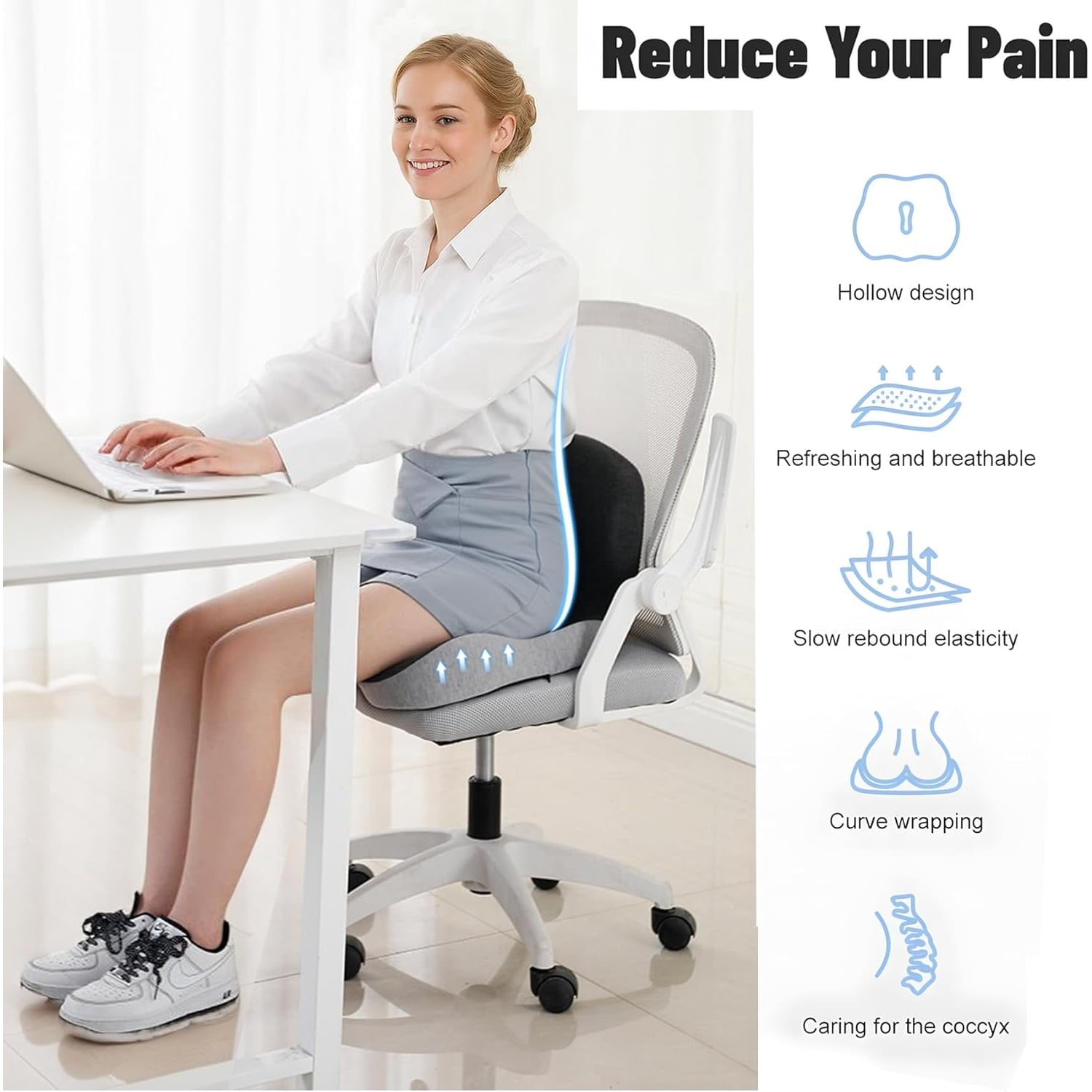 Memory Foam Seat Cushion for Truck Drivers, Office Chairs Ergonomic Seat Cushion for Back, Tailbone Sciatica Pain Relief, Pressure Relief Pad for Long Sitting, Car Seat Desk Chair Use (Gray)
