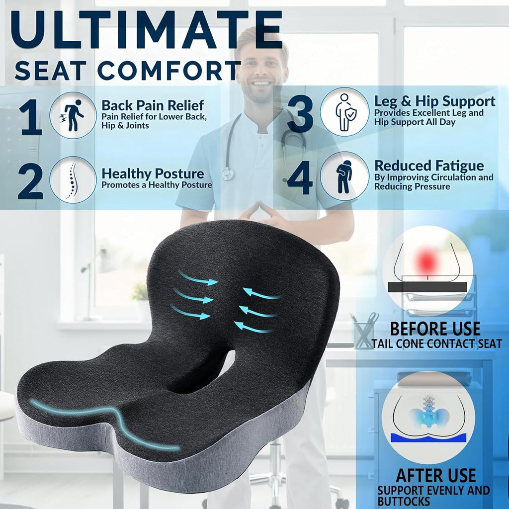 Memory Foam Seat Cushion for Truck Drivers, Office Chairs Ergonomic Seat Cushion for Back, Tailbone Sciatica Pain Relief, Pressure Relief Pad for Long Sitting, Car Seat Desk Chair Use (Gray)