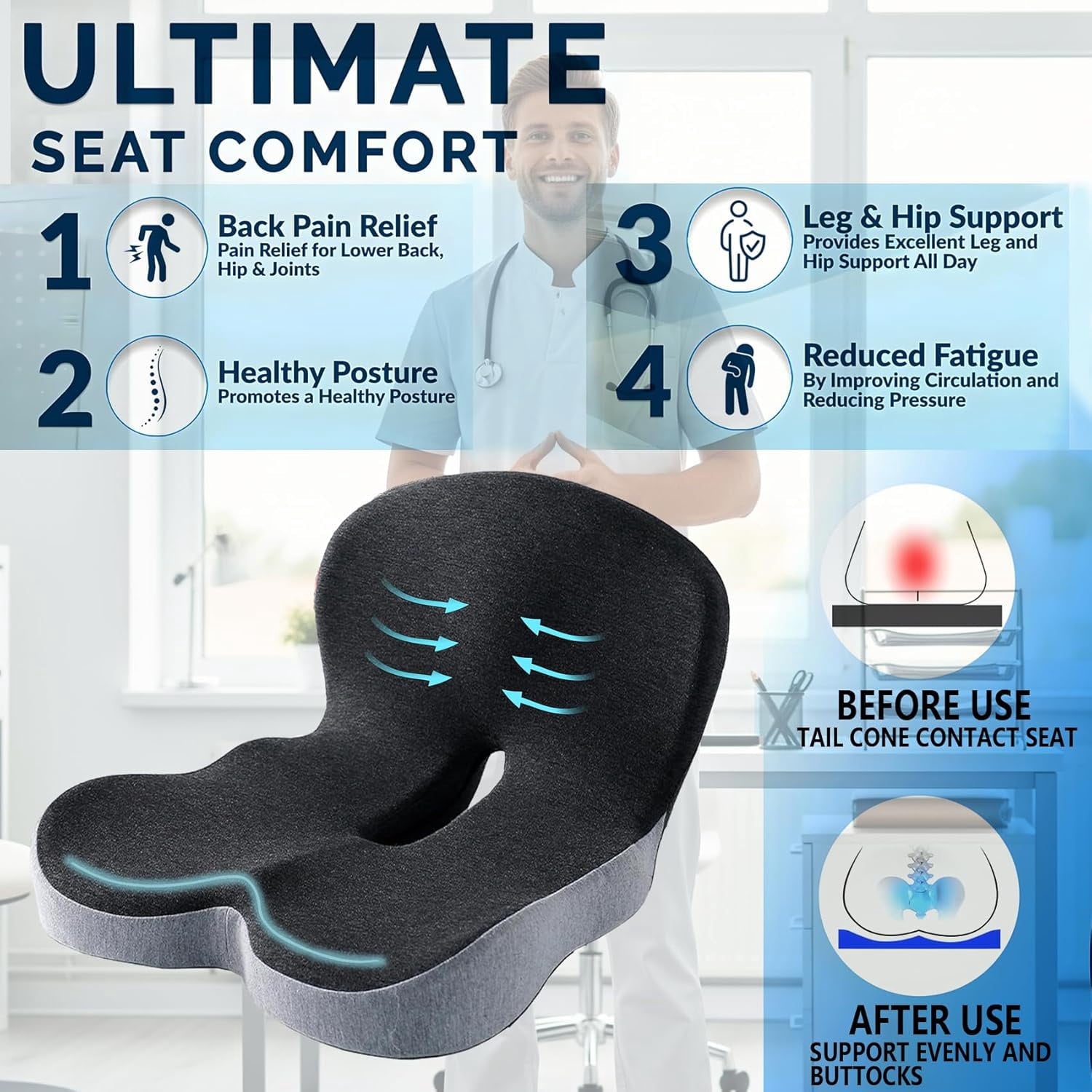 Memory Foam Seat Cushion for Truck Drivers, Office Chairs Ergonomic Seat Cushion for Back, Tailbone Sciatica Pain Relief, Pressure Relief Pad for Long Sitting, Car Seat Desk Chair Use (Gray)