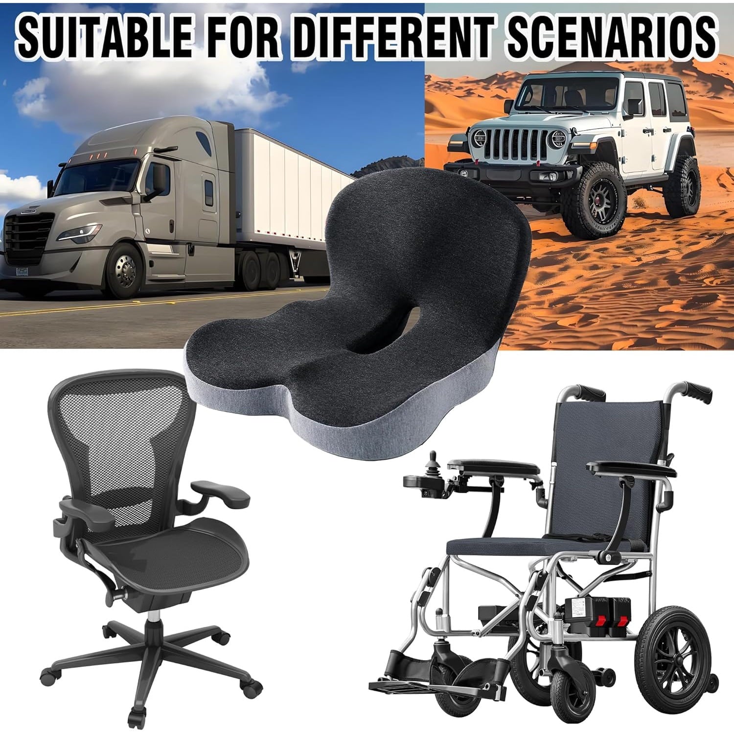 Memory Foam Seat Cushion for Truck Drivers, Office Chairs Ergonomic Seat Cushion for Back, Tailbone Sciatica Pain Relief, Pressure Relief Pad for Long Sitting, Car Seat Desk Chair Use (Gray)