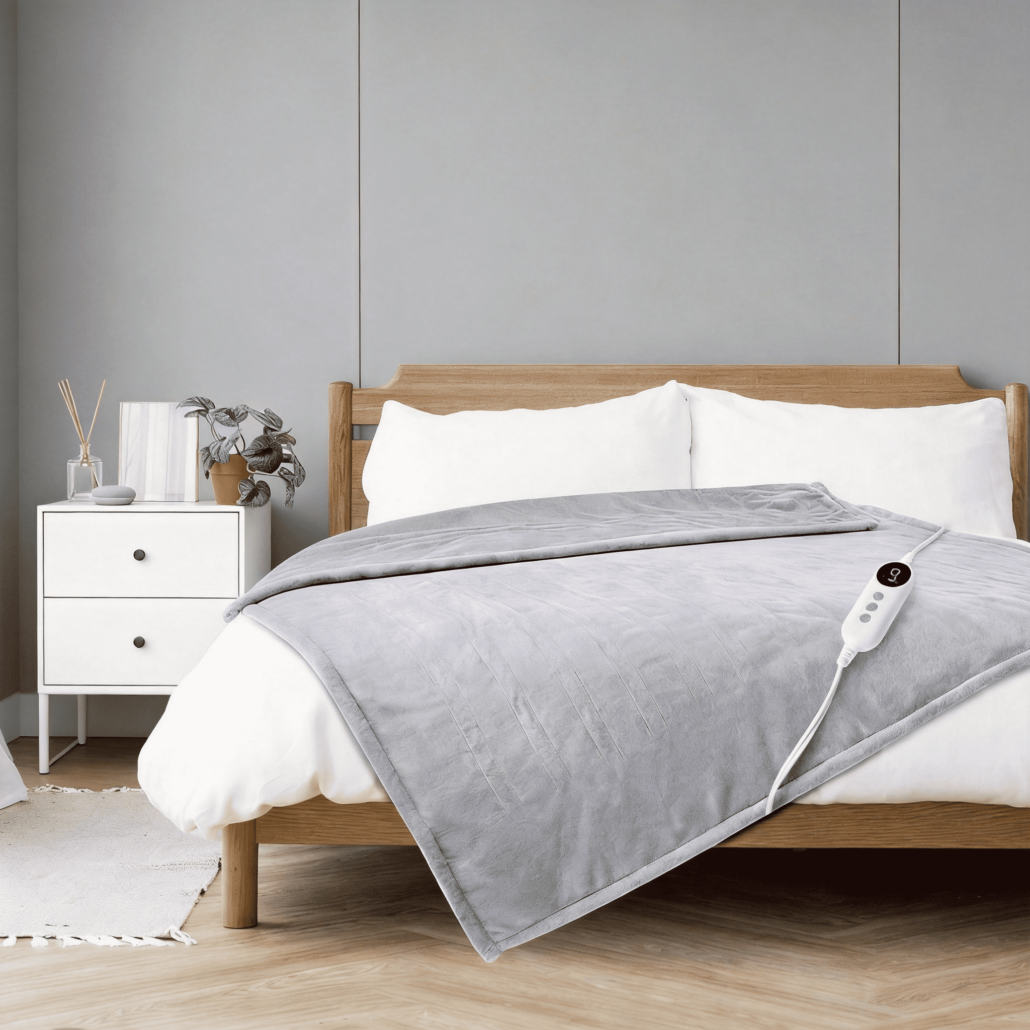 Light Gray 50"x60" Heated Throw Blanket, Dual-Sided Flannel &amp; Sherpa Electric Blanket, 9 Heat Levels &amp; 2-10 Hr Auto Shut-Off, Machine Washable