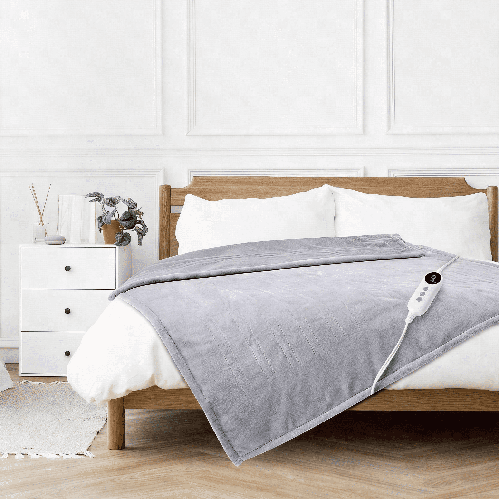 Light Gray 50"x60" Heated Throw Blanket, Dual-Sided Flannel &amp; Sherpa Electric Blanket, 9 Heat Levels &amp; 2-10 Hr Auto Shut-Off, Machine Washable