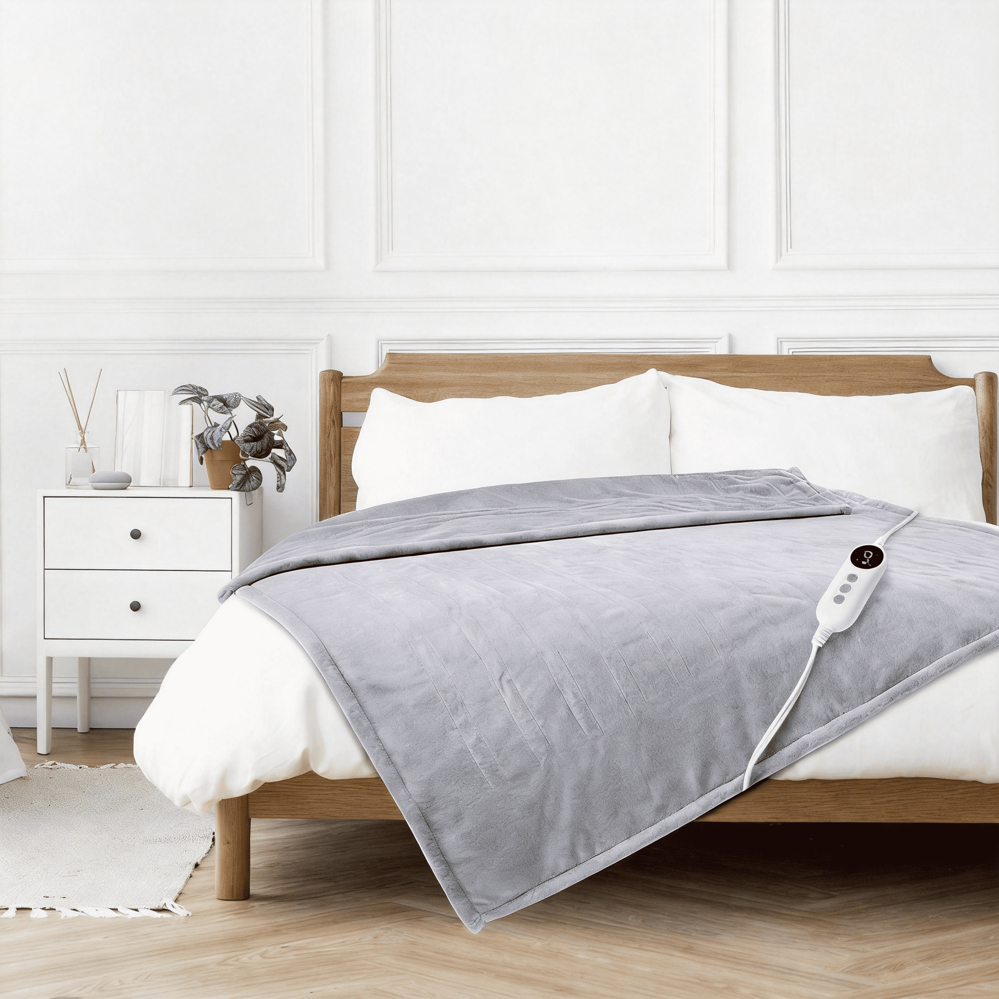 Light Gray 50"x60" Heated Throw Blanket, Dual-Sided Flannel &amp; Sherpa Electric Blanket, 9 Heat Levels &amp; 2-10 Hr Auto Shut-Off, Machine Washable