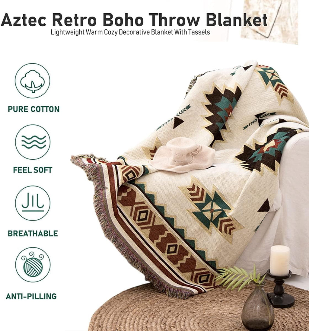 Boho style blanket for Bed Sofa Living Room Beach Travel. Blanket for Sofa, Mexican Decorative Farmhouse Blanket, Decor Woven Blanket, Aztec Throw Blankets with Tassel(Beige,50×60 inch)