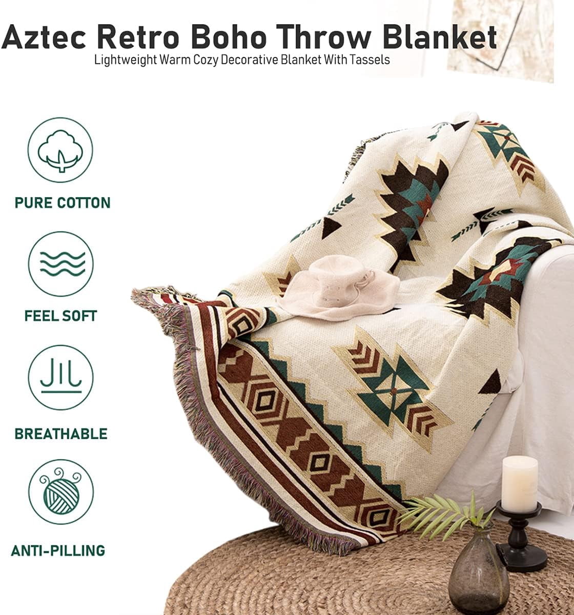 Boho style blanket for Bed Sofa Living Room Beach Travel. Blanket for Sofa, Mexican Decorative Farmhouse Blanket, Decor Woven Blanket, Aztec Throw Blankets with Tassel(Beige,50×60 inch)