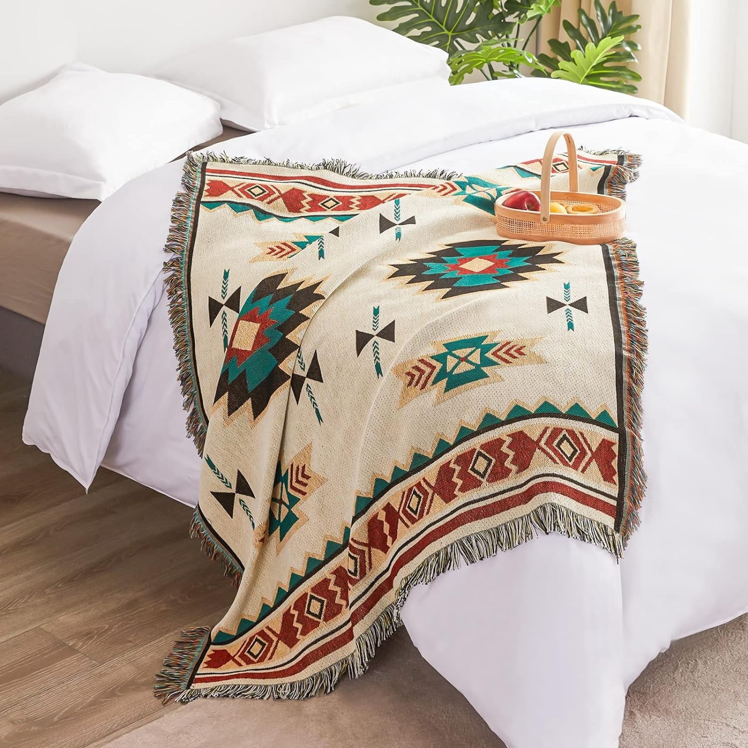 Boho style blanket for Bed Sofa Living Room Beach Travel. Blanket for Sofa, Mexican Decorative Farmhouse Blanket, Decor Woven Blanket, Aztec Throw Blankets with Tassel(Beige,50×60 inch)
