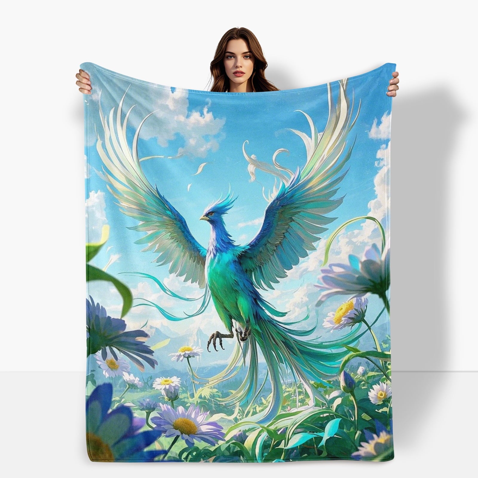 Phoenix Flower Meadow Blue Sky White Themed Cozy Fleece Blanket Soft Warm Comfortable For Sofa Bed Travel Camping Living Room Office Chair Polyester Gift For Family Or Friends