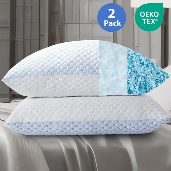 Cooling Memory Foam Bed Pillows, Queen Size Set of 2 – Breathable Design, Machine Washable Covers, Supportive for Back, Side &amp; Stomach Sleepers