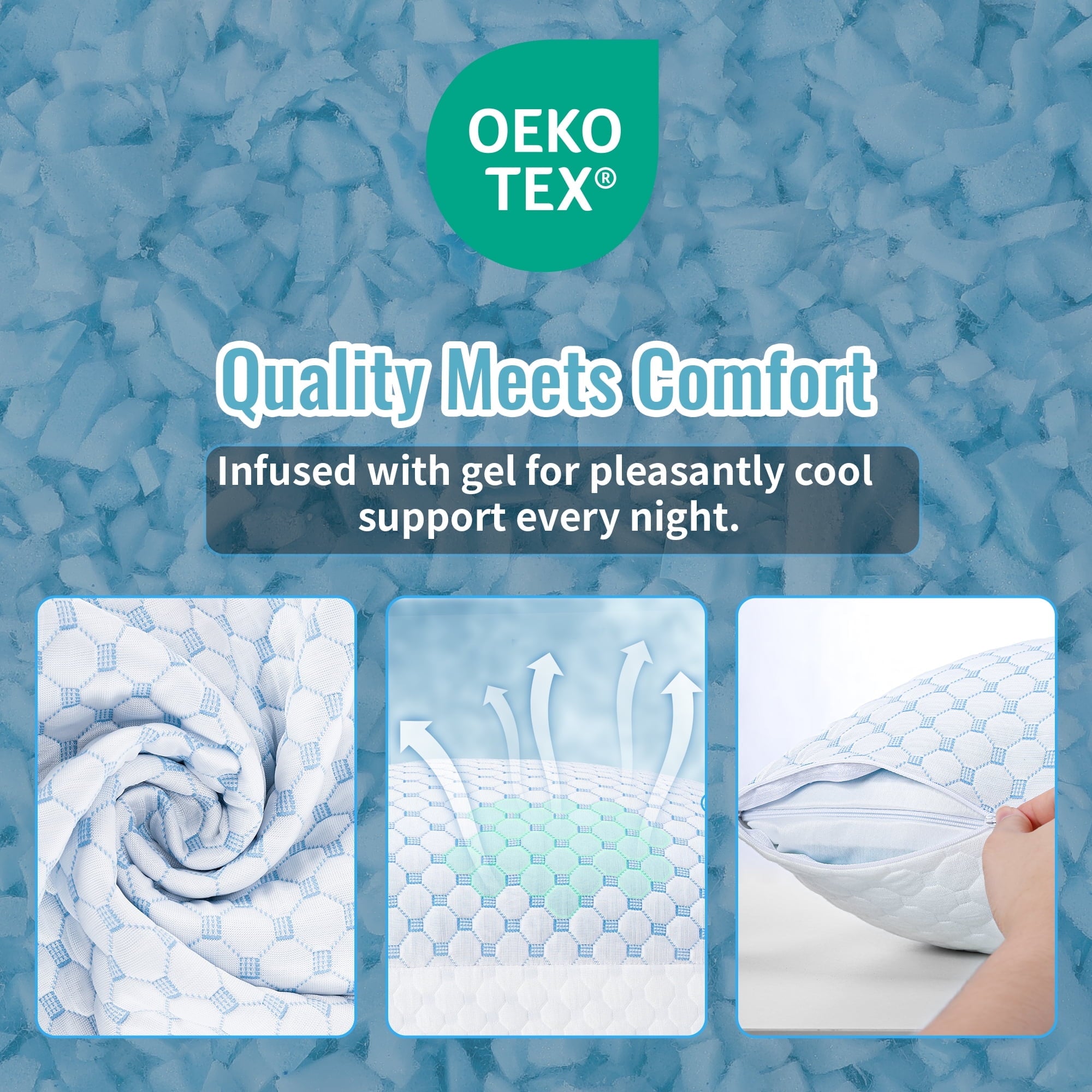 Cooling Memory Foam Bed Pillows, Queen Size Set of 2 – Breathable Design, Machine Washable Covers, Supportive for Back, Side &amp; Stomach Sleepers