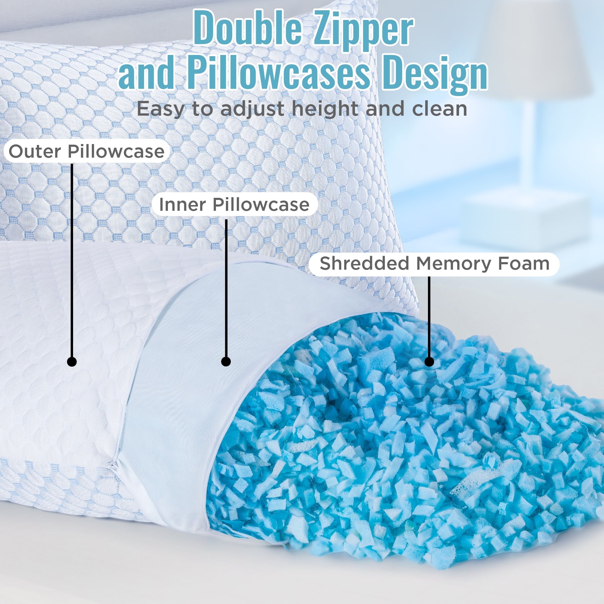 Cooling Memory Foam Bed Pillows, Queen Size Set of 2 – Breathable Design, Machine Washable Covers, Supportive for Back, Side &amp; Stomach Sleepers