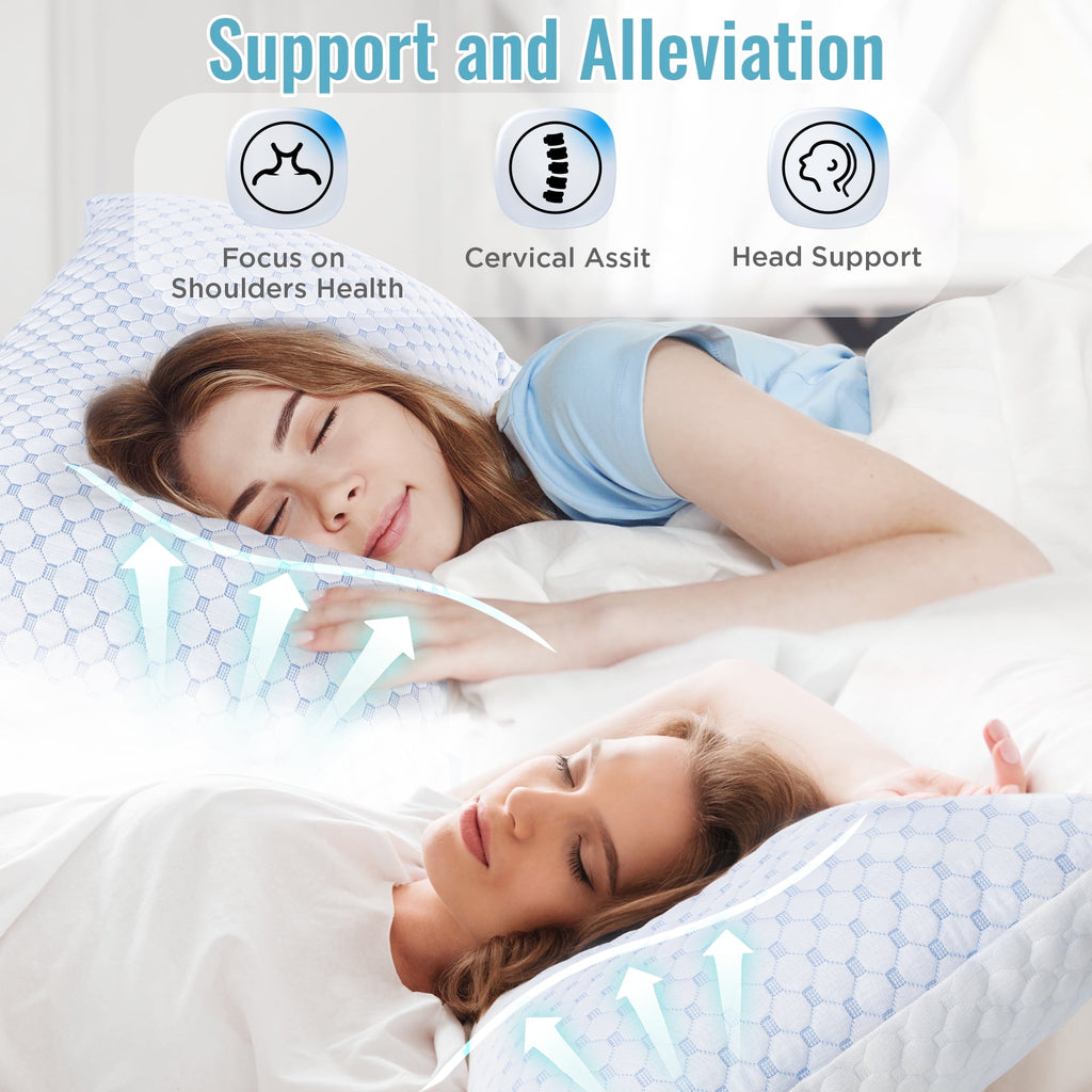 Cooling Memory Foam Bed Pillows, Queen Size Set of 2 – Breathable Design, Machine Washable Covers, Supportive for Back, Side &amp; Stomach Sleepers