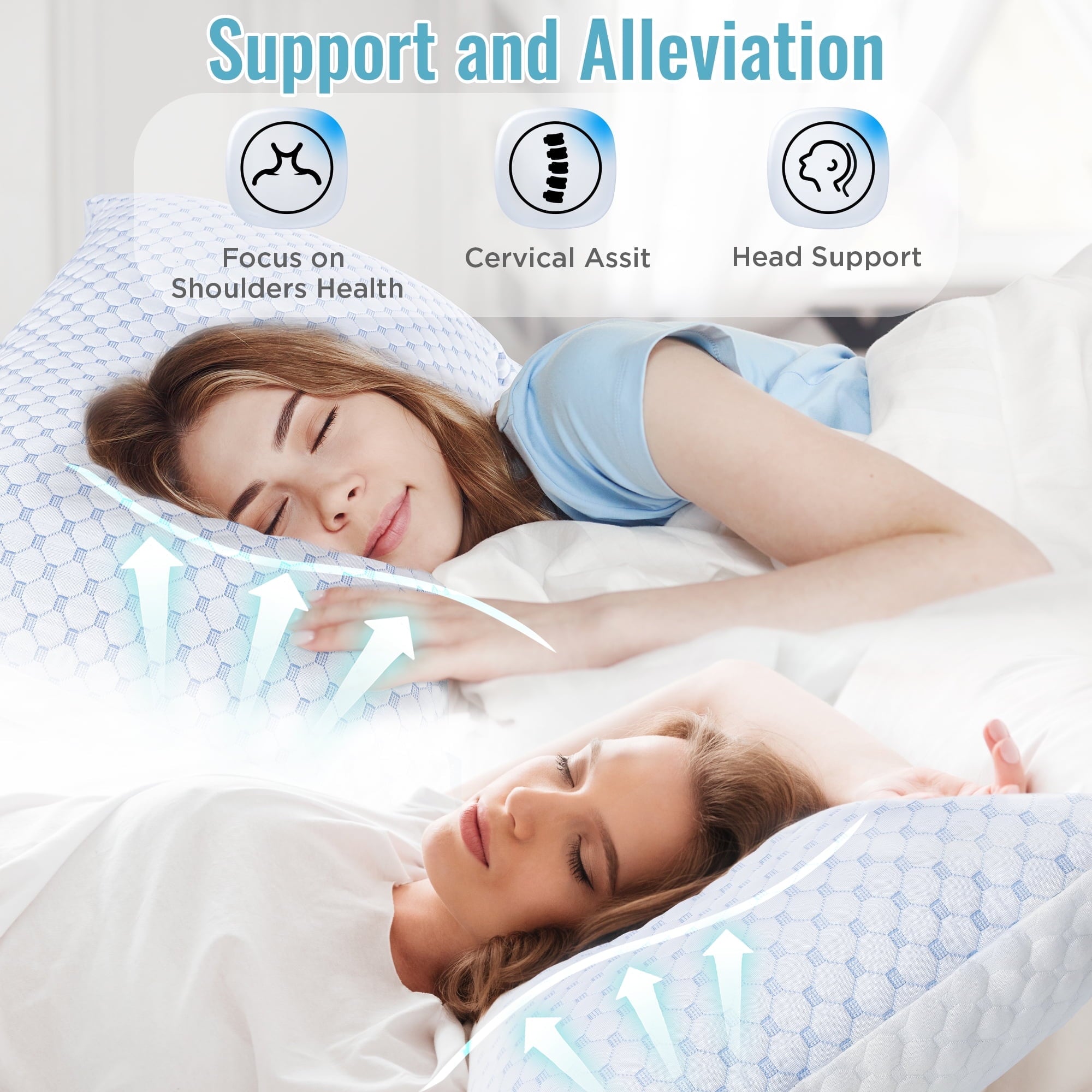 Cooling Memory Foam Bed Pillows, Queen Size Set of 2 – Breathable Design, Machine Washable Covers, Supportive for Back, Side &amp; Stomach Sleepers