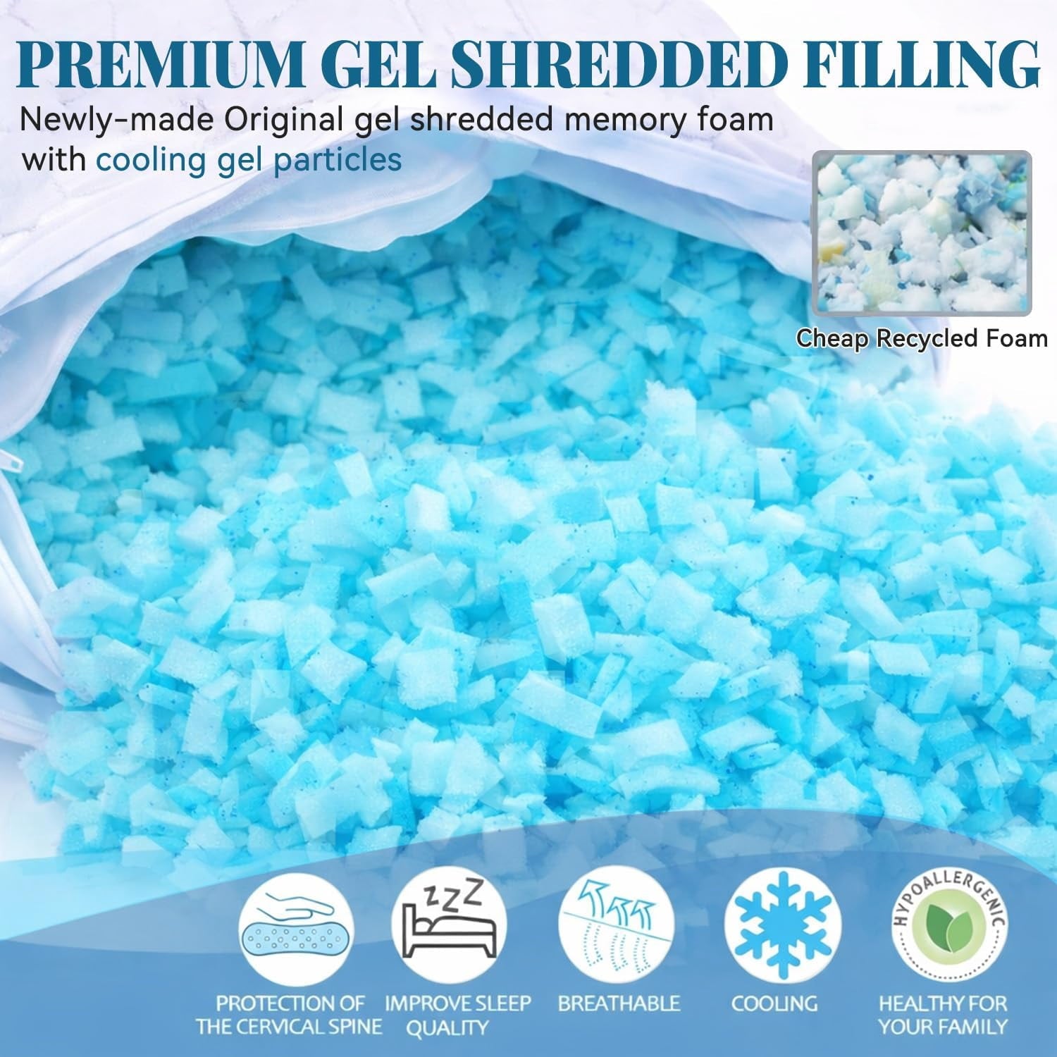 Shredded Memory Foam Pillows for Sleeping, Bed Pillows Queen Size Set of 2 Pack Adjustable for Side and Back Sleeper with Washable Removable Cover