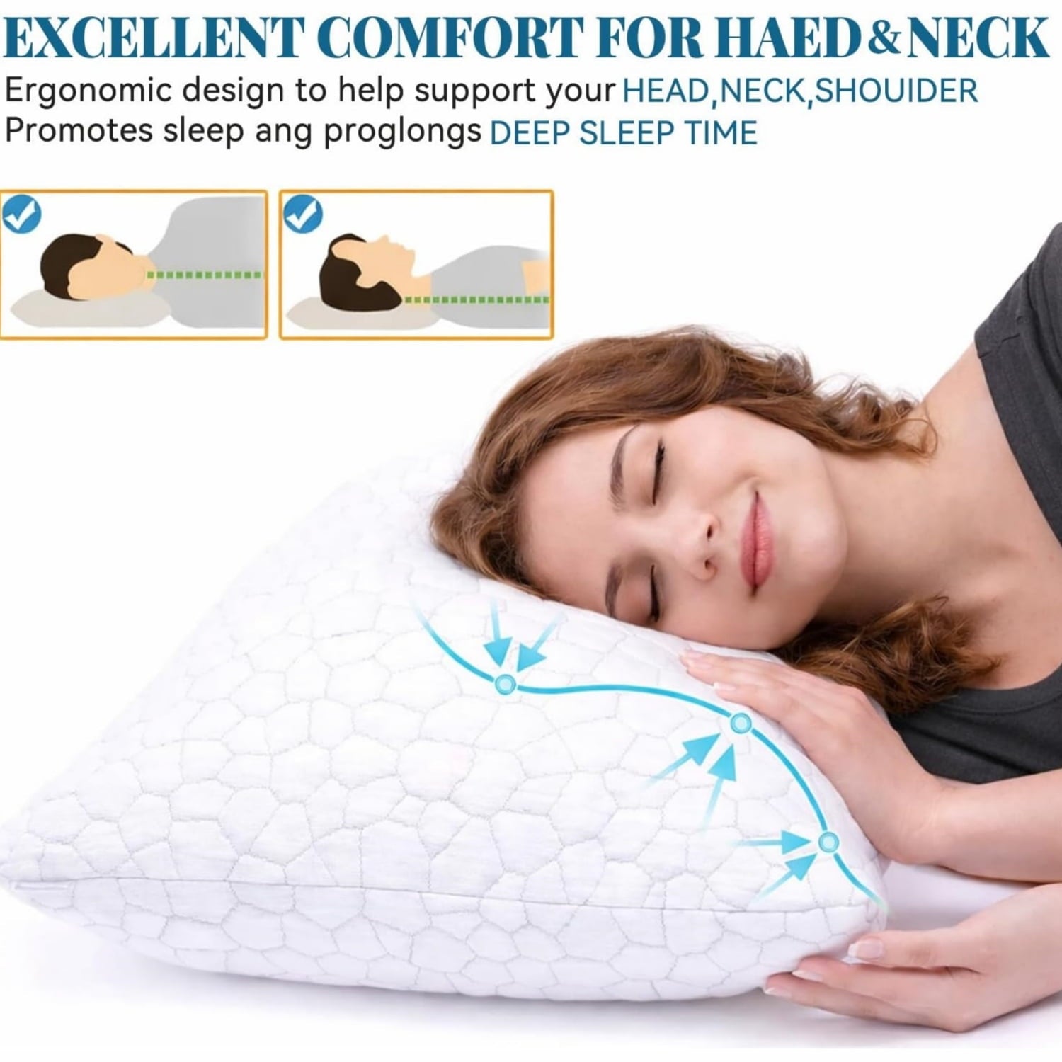 Shredded Memory Foam Pillows for Sleeping, Bed Pillows Queen Size Set of 2 Pack Adjustable for Side and Back Sleeper with Washable Removable Cover