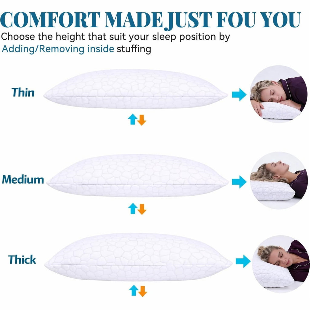 Shredded Memory Foam Pillows for Sleeping, Bed Pillows Queen Size Set of 2 Pack Adjustable for Side and Back Sleeper with Washable Removable Cover