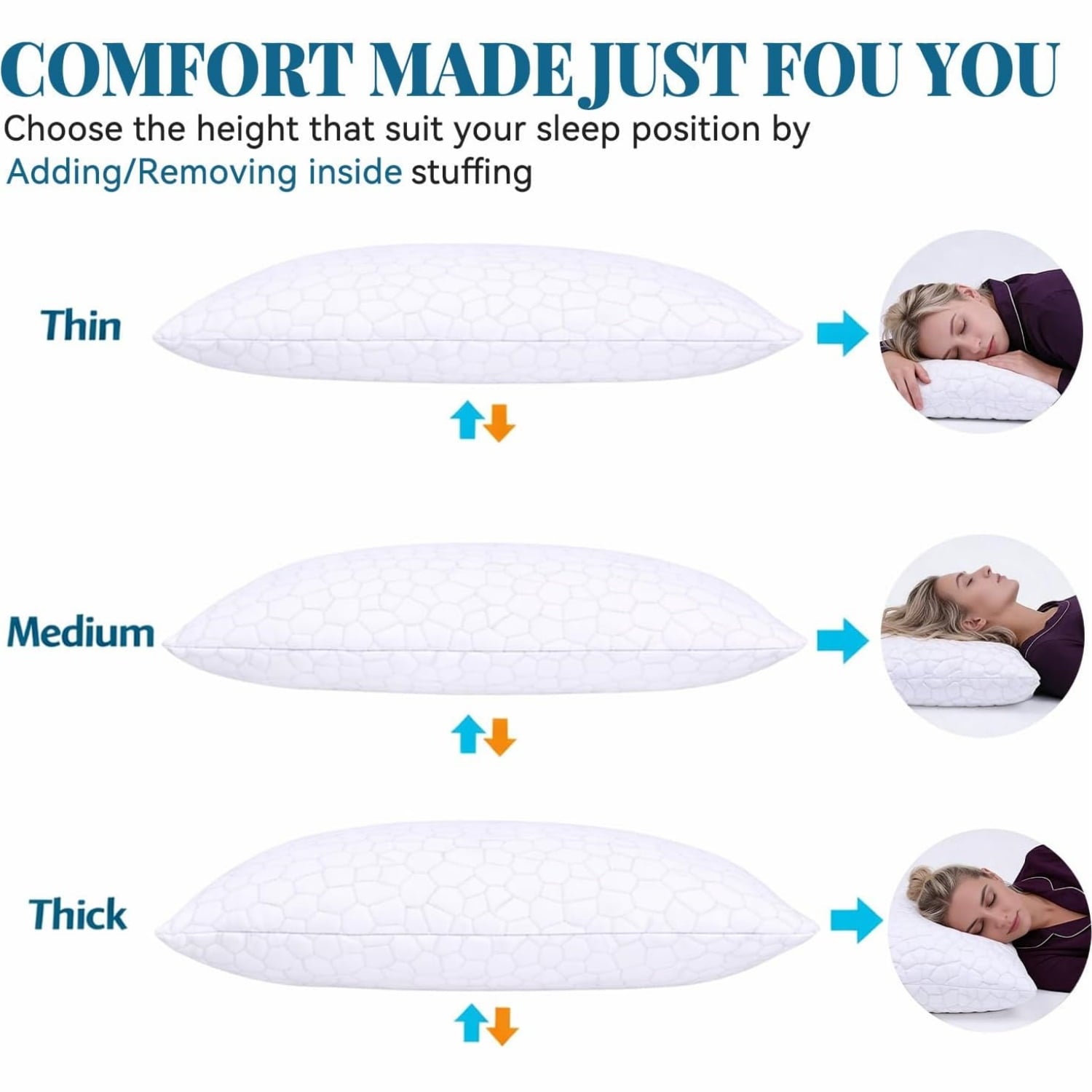 Shredded Memory Foam Pillows for Sleeping, Bed Pillows Queen Size Set of 2 Pack Adjustable for Side and Back Sleeper with Washable Removable Cover