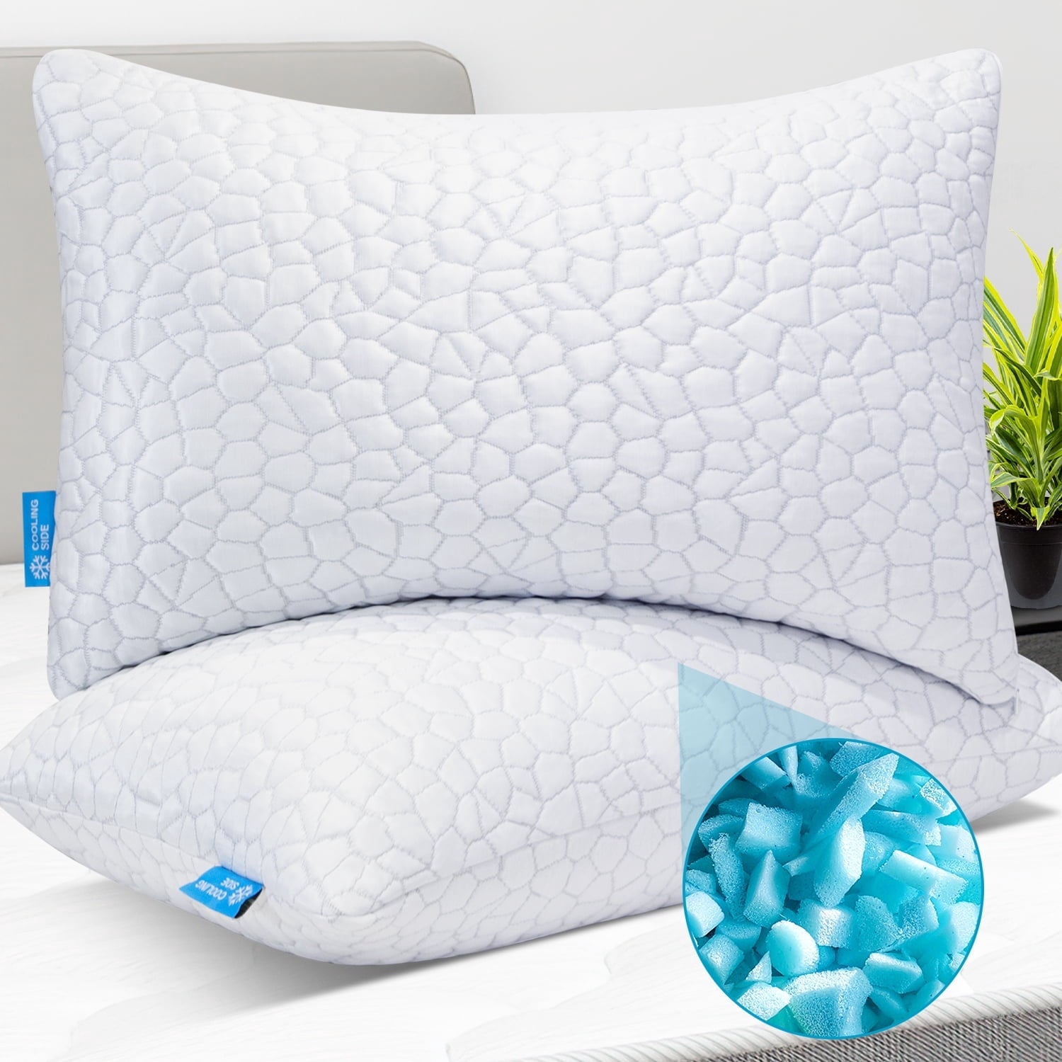 Shredded Memory Foam Pillows for Sleeping, Bed Pillows Queen Size Set of 2 Pack Adjustable for Side and Back Sleeper with Washable Removable Cover