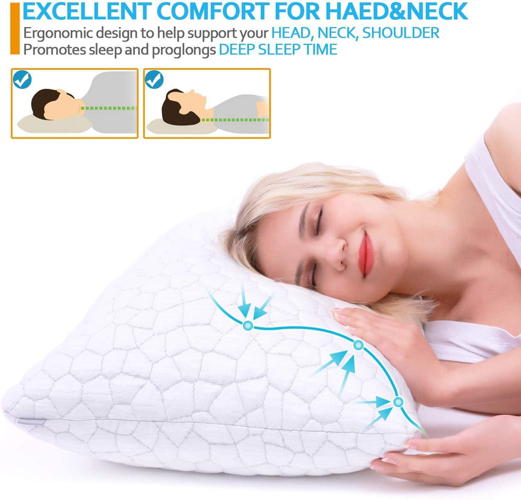 Shredded Memory Foam Pillows for Sleeping, Bed Pillows Queen Size Set of 2 Pack Adjustable for Side and Back Sleeper with Washable Removable Cover