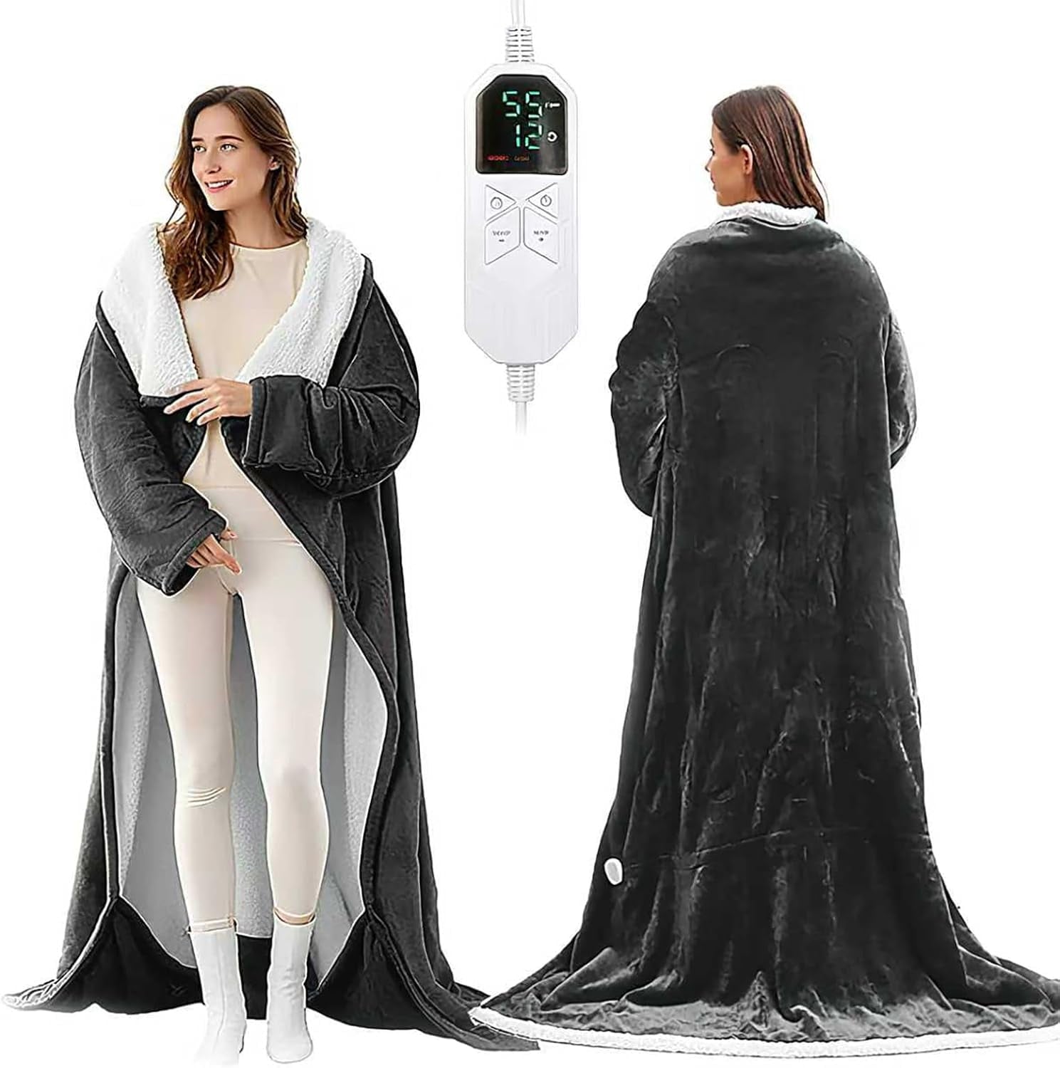 Wearable Heated Blanket Portable with Sleeves &amp; Foot Pocket - Electric Snuggle Throw Blanket, 8 Heat Settings, 1-12H Auto Shut-Off, 50"x70"+14" Electric Blanket, for Her/Him/Family