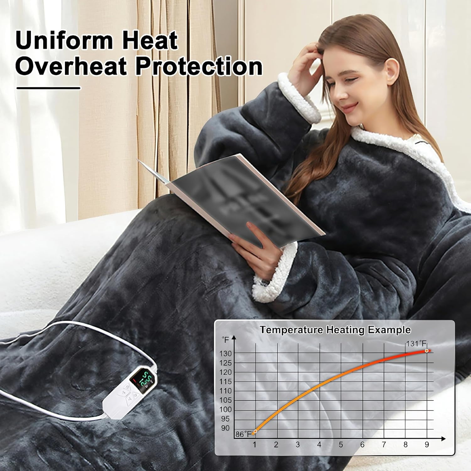 Wearable Heated Blanket Portable with Sleeves &amp; Foot Pocket - Electric Snuggle Throw Blanket, 8 Heat Settings, 1-12H Auto Shut-Off, 50"x70"+14" Electric Blanket, for Her/Him/Family