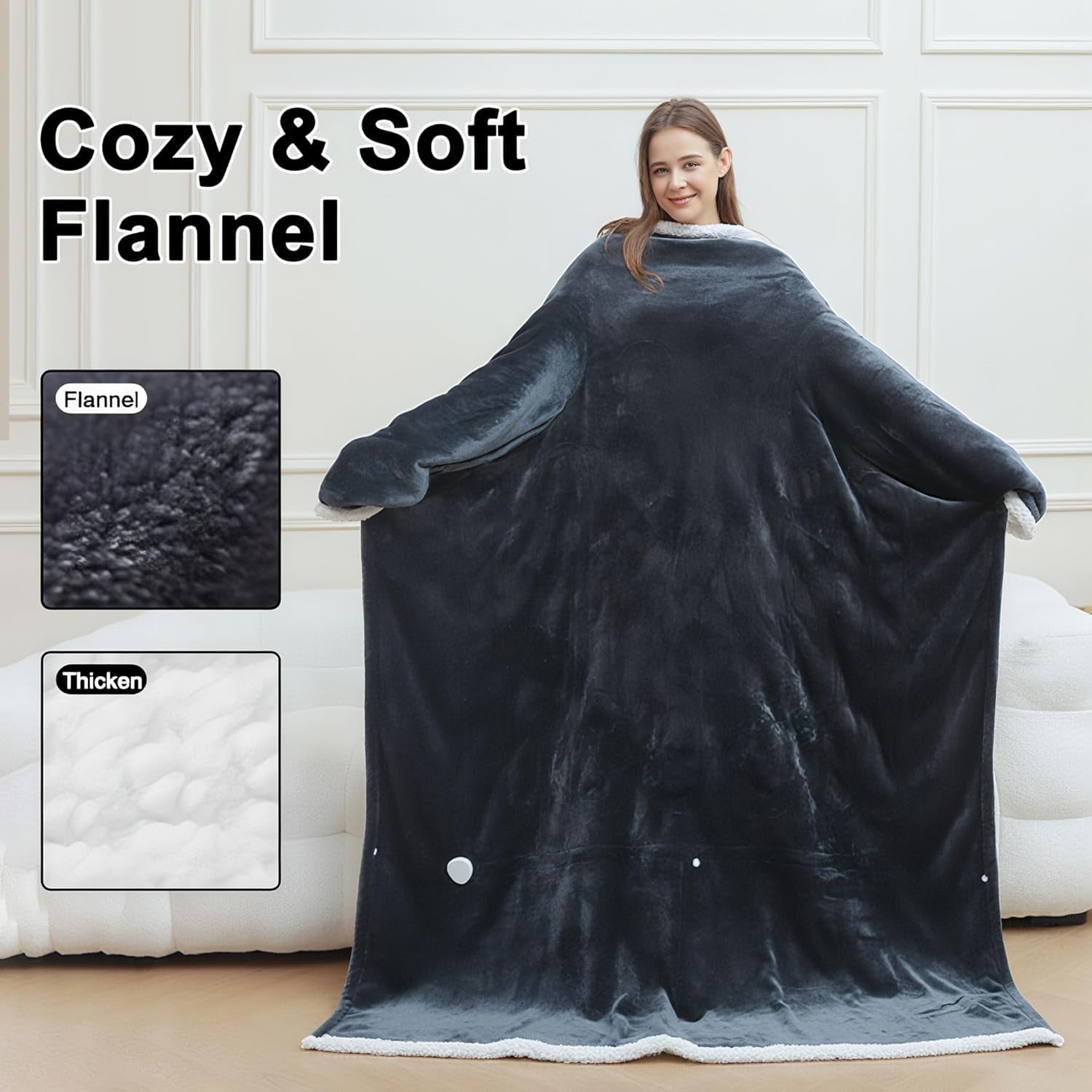 Wearable Heated Blanket Portable with Sleeves &amp; Foot Pocket - Electric Snuggle Throw Blanket, 8 Heat Settings, 1-12H Auto Shut-Off, 50"x70"+14" Electric Blanket, for Her/Him/Family