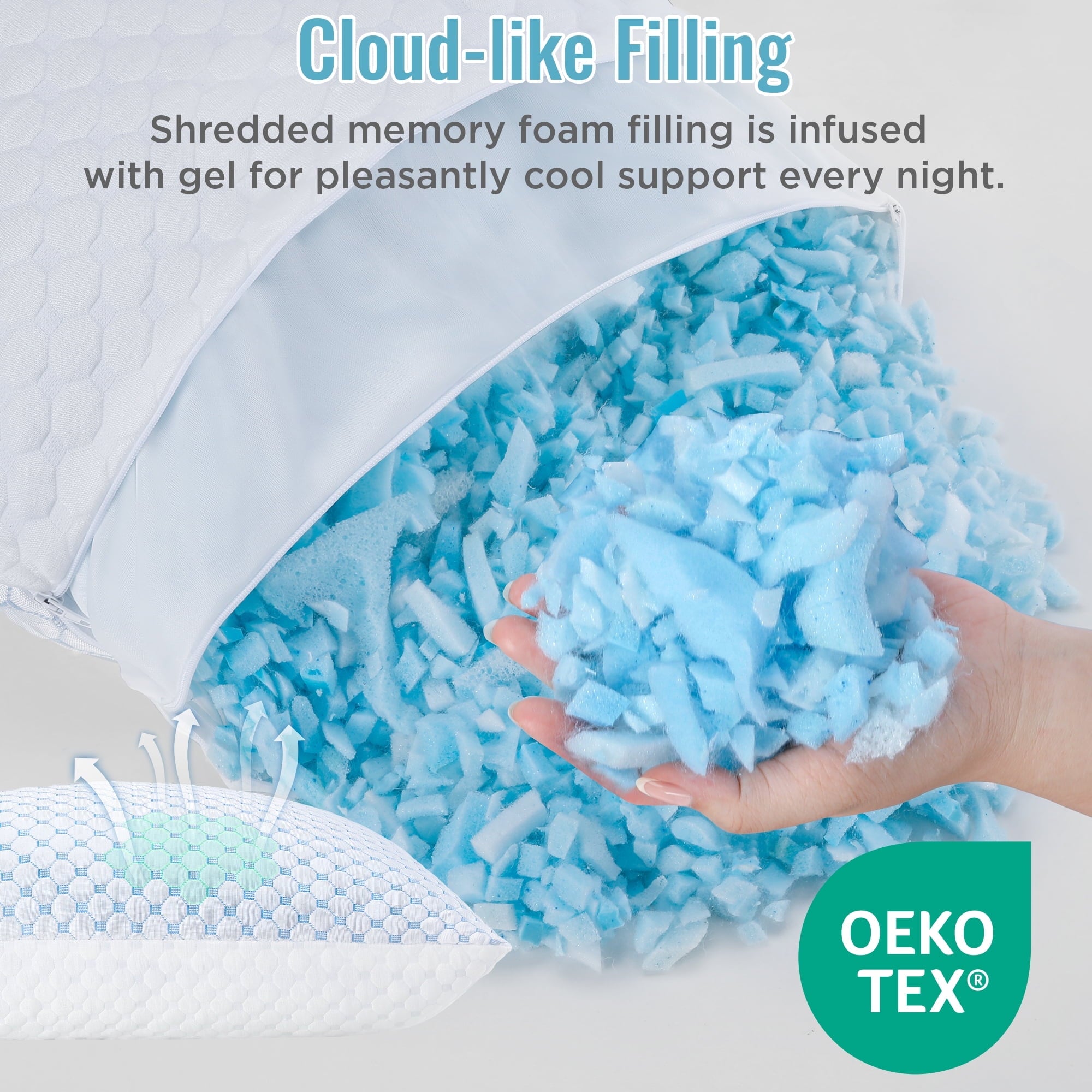 Cooling Memory Foam Bed Pillows, Queen Size Set of 2 – Breathable Design, Machine Washable Covers, Supportive for Back, Side &amp; Stomach Sleepers